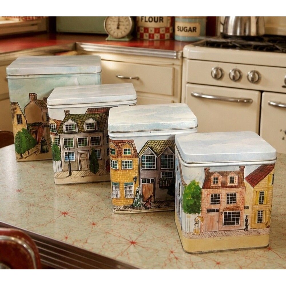 Vintage Colonial Village Scene Nested Metal Storage Tins Set 4 Hong Kong Tin